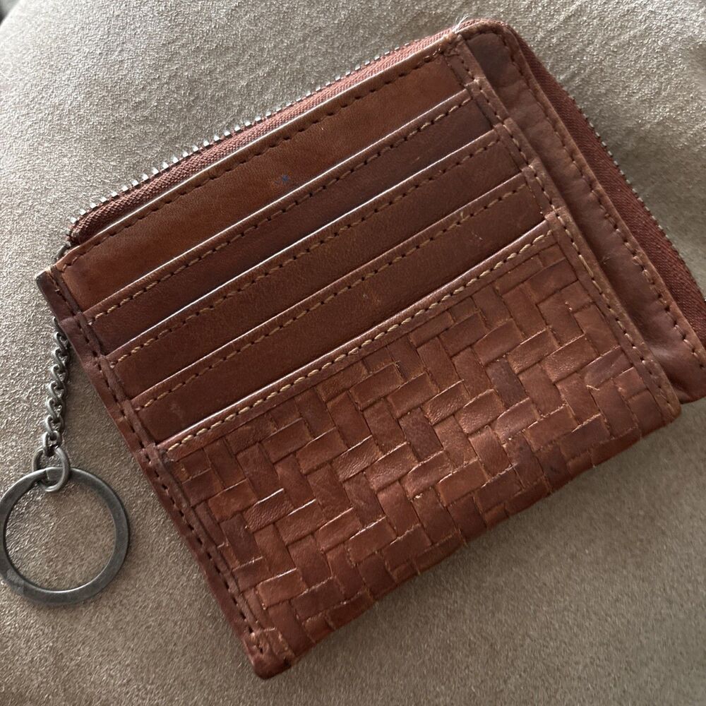 Vilenca Holland Basket Weave Zip Leather Card Coin Case Wallet Keychain